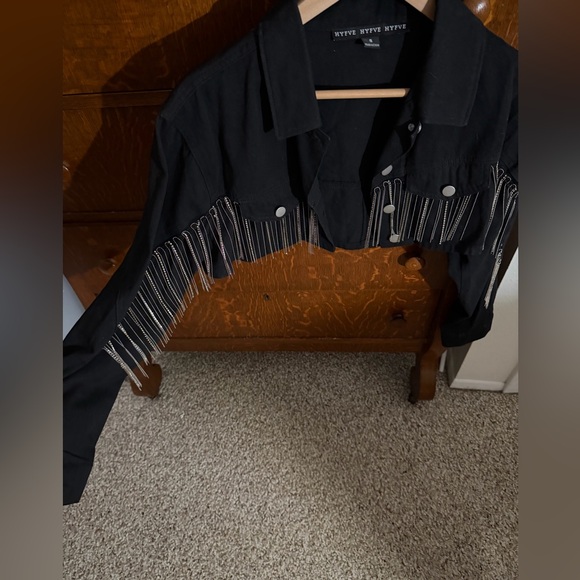 Black Crop Denim Jacket with Rhinestone Bead Fringe - Picture 2 of 2